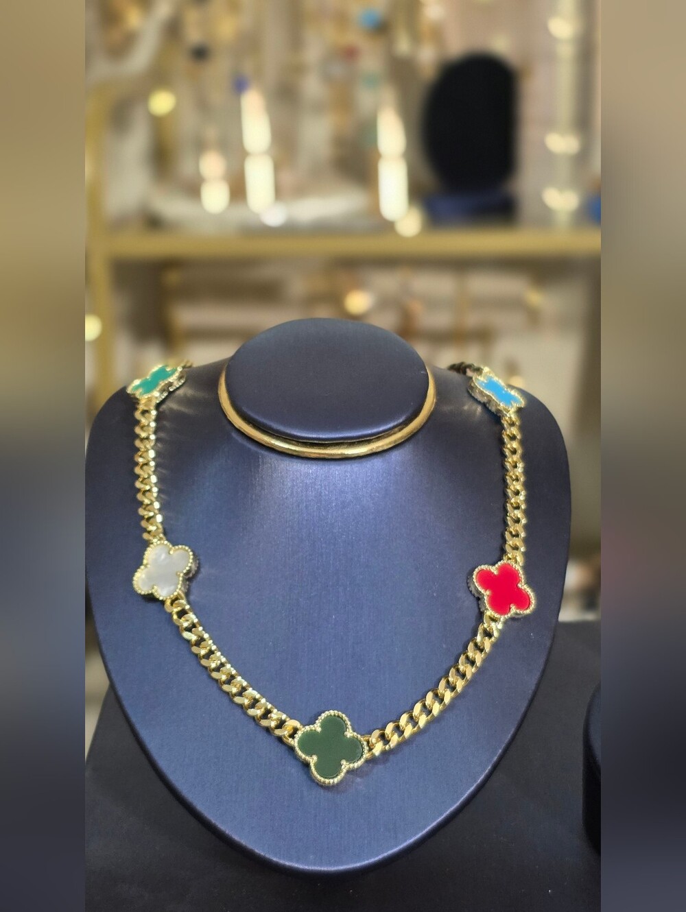 Gold Plated Chain with Multi-Color Clover Accents - Green, Red, White, Blue